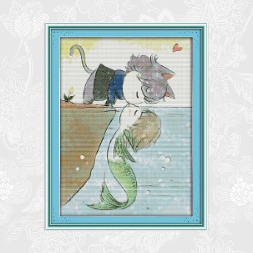 Joy Sunday Cross Stitch Sets Cat and fish kiss Aida Fabric 14ct 11ct Embroidery kit DIY Handmade Needlework