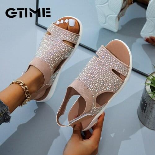 2021 New Summer Women Sandals Sexy Shoes Crystal Casual Woman Flats Buckle Strap Ladies Fashion Beach Shoe Big size #SJPAE-36