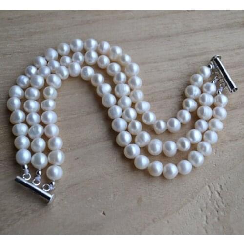 New Arrival Favorite Real Pearl Bracelet White 3Rows 7mm Genuine Freshwater Pearls Fine Jewelry Charming Lady Gift