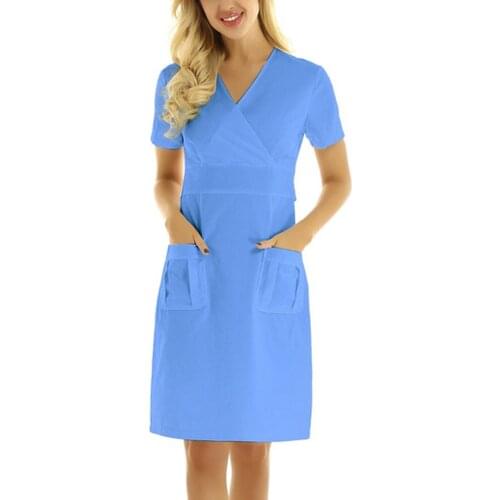 Solid Color Women Working Uniform Short Sleeve V-neck Dress With Pockets Beauty Salon Health Care Nursing Scrubs Dresses A50