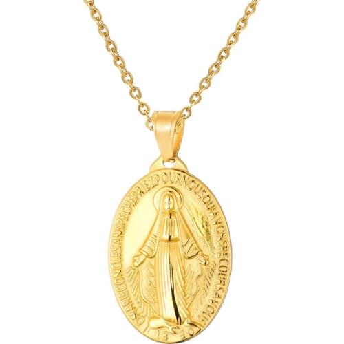 REN012 Religious Titanium Steel Oval Necklace Virgin Mary Pendant Christianity Virgin Mary Coin Necklace gold electroplated