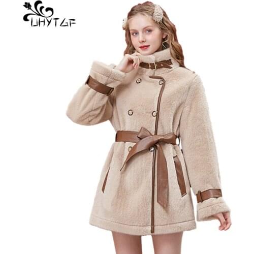 UHYTGF Faux Mink Fur Coat Women Winter Clothes Long Coat Jacket Woman Double Breasted With Belt Warm Coats Manteau Femme 951