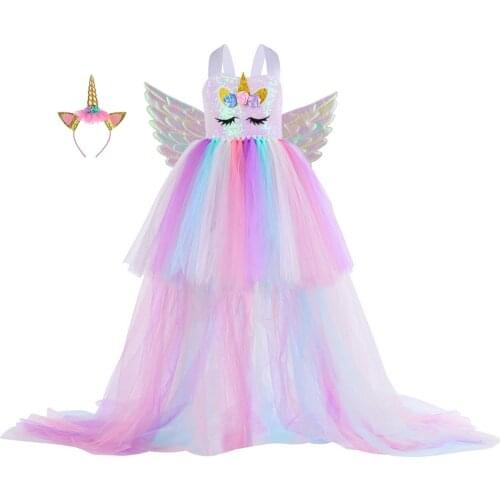 Girls Unicorn Dress with Long Tail Fancy Girl Princess Unicorn Birthday Party Tutu Dresses Ball Gown Halloween Costume for Kids