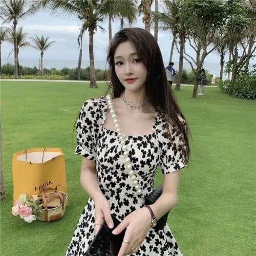 Hot Womens Puff Shoulder Dress Summer Clover Printed Casual Slim Skirt Square Collar for Vacation Daily TY66
