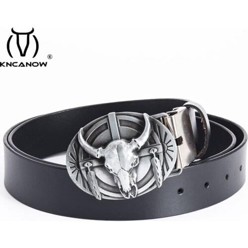 Fashion Men Belts Cowskin West Cowboy Genuine Leather Belt Bull Head Skull Cow Head Buckle Belt Gift Man Cowhide Ceinture Hommes