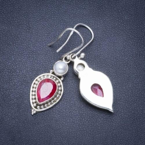 Natural Cherry Ruby and River Pearl Handmade Unique 925 Sterling Silver Earrings 1.5" A0752