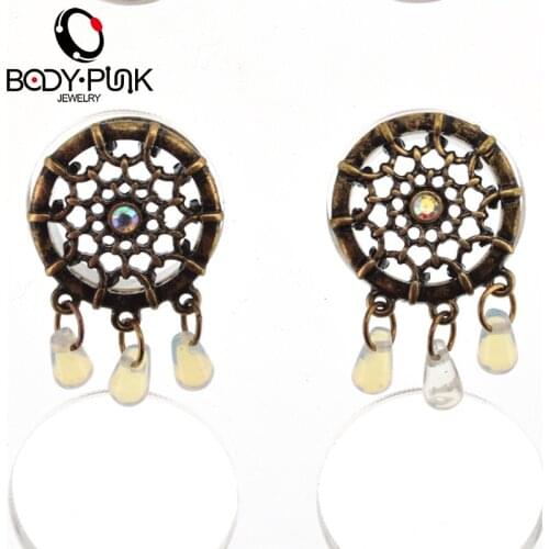 BODY PUNK Burnished Gold Dream Man 3 Opal Pendant Ear Plug Auricle Dangle Earrings Stainless Steel Body Jewelry PLG 126