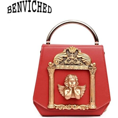 BENVICHED Metal Tote Bag Baroque Angel Women Small Handbags Luxury PU leather Shoulder Bags Vintage Chains Messenger Bag Ladies