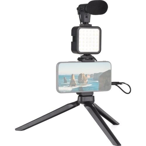 Mini LED Video Light Vlog Shooting Kit 3 Levels of Adjustable Brightness with Phone Clip+Mic+Tripod for Phone Live Stream Vlog