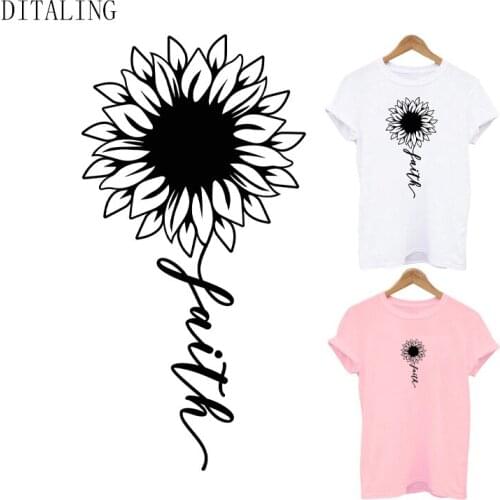 Sunflower Patch For Clothing Faith Flower Thermal Stickers On T-Shirt Tops Black Iron On Transfers Decals DIY Washable Appliqued