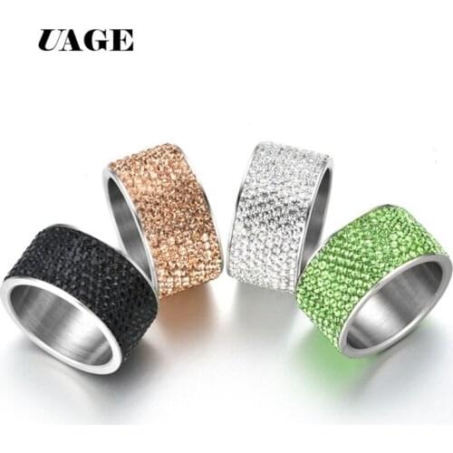 UAGE Rhinestone Rings For Women Stainless Steel Black Green Roman Finger Rings Female Wedding Engagement Rings Jewelry