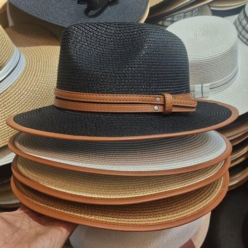 Vintage Summer Paper Straw Female Hats PU Belt Ribbon Wide Brim Lady Fedoras Cap Women Beach Casual Panama Jazz Bonnet Enfant