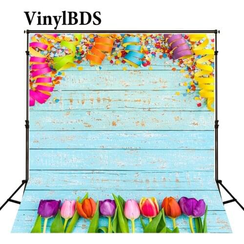 VinylBDS Photography Background 5x7ft Blue Wood Backdrop Colorful Tulip and Ribbon Background Children Photo for Photocall Party