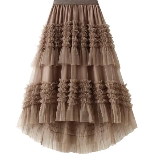 2021 Summer New Casual Womens Fashion Solid Color A-line Skirt Personality Mesh Yarn Multi-layer Mid-length Skirt