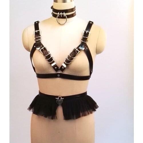 100% Handcrafted Women Sexy Bra Choker Harness Top Chest Bondage Belt Faux Leather Tutu Skirt Belt with Ruffle Mesh