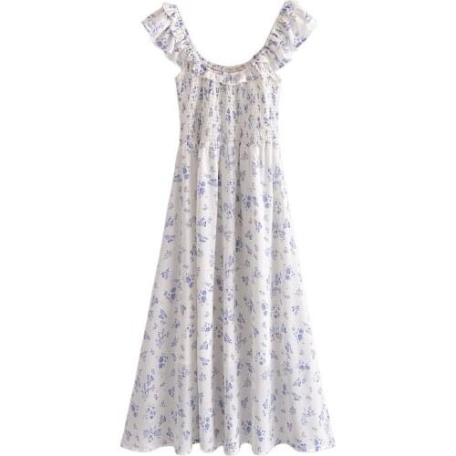 2021 Summer Women New Fashion Print Long Dress Za Female Casual Butterfly Sleeve Square Collar Slim Waist Chic Dress