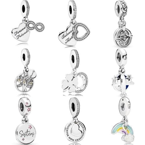 100% 925 Sterling Silver Knotted Hearts & Forever Friends Dangle Charm Fit pandora Bracelet Necklace Rainbow Pendant DIY Jewelry