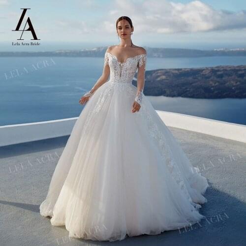 LelaAcra Full sleeve Wedding Dress 2022 Embroidery A-Line Plus Size Court Train Princess Bride Gowns NE32 Vestido de Noiva