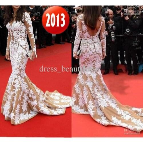 New Gorgeous celebrity Dresses Vintage V Neck Mermaid Applique Court Organza Long Sleeves 2018 Evening Gown Celebrity Dress