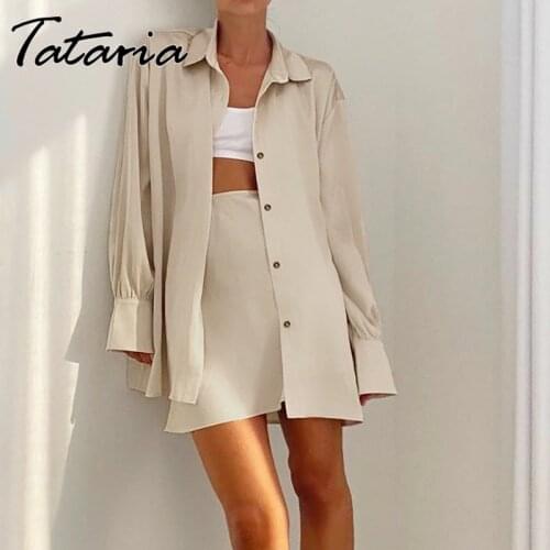 Khaki Satin Suit Womens Office Suits 2021 Autumn Two Piece Set Mini Skirt and Blouses Button Up Shirts Top Classic Female Sets