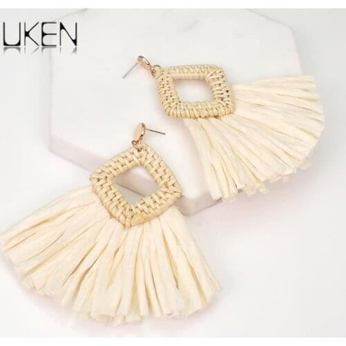 Bohemian Straw Rattan Knit Wide Raffia Tassel Earrings Trendy Charm Statement Dangle Earrings For Women Jewelry UKEN