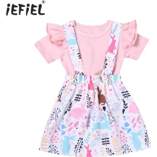 Toddler Kids Girl Easter Outfit Girls Clothes Children Sets Solid Color Short Sleeve T Shirts Tops Bunny Floral Suspender Skirts