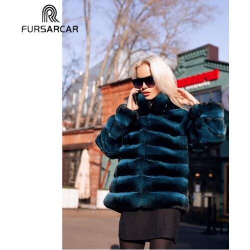 FURSARCAR Women Winter Real Fur Coat With Fur Collar Luxury Slim Natural Casual Rex Rabbit Fur Coat Real Fur Jacket