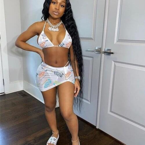 Hirigin Women Sexy Print Beach Swimsuit Bra Crop Top Mini Skirts Panties Suit Three Piece Set Swim Sport Bikinis bathing suit