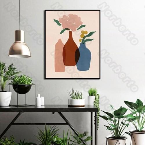Canvas Painting Wall Poster Hand-Painted Pictures with Pink Red Blue Colors Vases and Some Flowers and Leaves for Home Decoratio