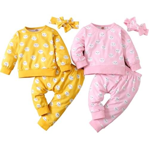 Baby Girls Three-piece Clothes Set, Cloud Printed Pattern Round Collar Pullover, Pants and Headdress, Pink/ Yellow