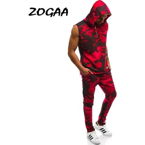 ZOGAA Sets Men Summer Hot Sale Mens Hooded Camouflage Print Casual Suits Sports Sleeveless Shirt Color Matching Tracksuits Chic