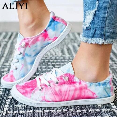 Women Tie Dye Sneakers 2021 Spring New Mix Colors Lace Up Ladies Casual Shoes Outdoor Large-Sized Female Comfortable Flats