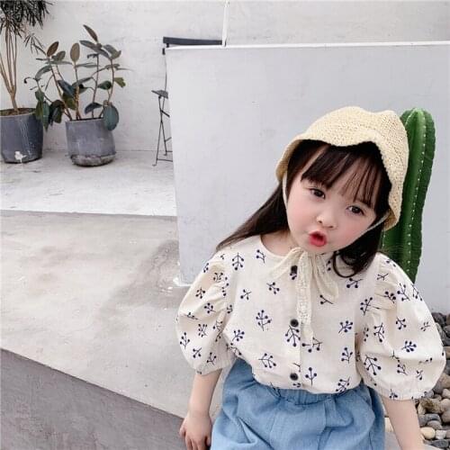 Baby girls Korean summer puff sleeve Cotton linen short-sleeved Floral printed shirt Single-breasted princess top