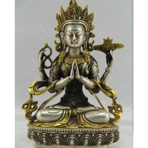 Copper Brass Home Metal Crafts Tibet Tibetan Buddhism Silver Bodhisattva Four arm Kwan Yin Buddha Statue
