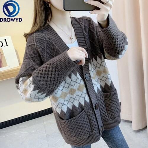 2021 Fashion Brown V-neck Loose Korean Autumn and Winter Cardigan Sweater Coat Women Mid-length Single-breasted Jacket Coat Top