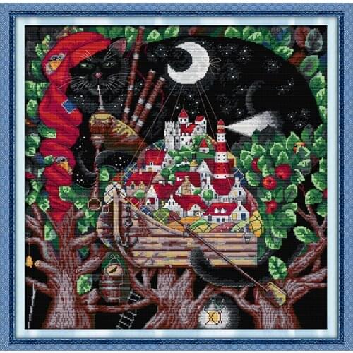 Cartoon Black Cat Playing Flute Stamping Cross Stitch Kit Aida 11CT 14CT Canvas Printing Embroidery Set Home Decoration Painting
