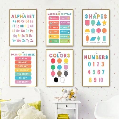 Colors Numbers Posters Education Learning Wall Art Alphabet Shapes Seasons Days Months Child Playroom Kid Baby Room Picture Art