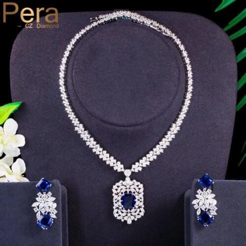 Pera Luxury Royal Blue Cubic Zirconia Bridal Wedding Big Square Pendant Necklace Earrings Costume Jewelry Sets for Women J401