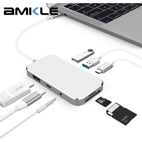 Amkle 7in1 USB C Hub Type C HDMI SD PD SD/TF 3.5mm Adapter Thunderbolt Dongle for MacBook Pro HUB Splitters