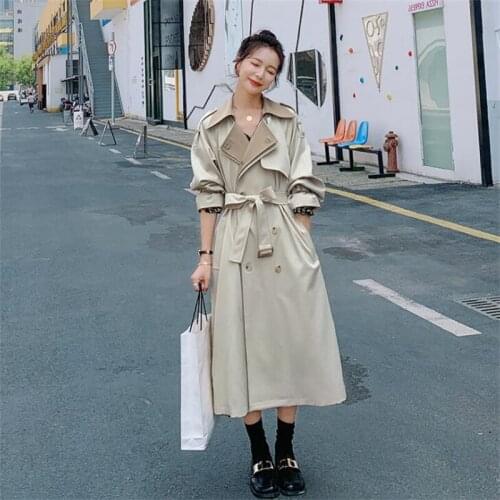 Beige windbreaker womens trench coats mid-length 2021 autumn new korean retro British style waist-knee clothes пальто женское