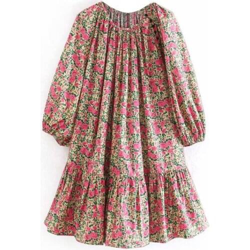 2021 Spring Casual Pleated Mini Dress Vintage O Neck Loose Dress Women Floral Print Lantern Long Sleeve Chic Short Dresses