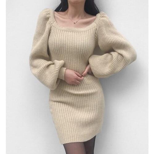 Elegant Khaki Knitted Dress Women Autumn Winter Sexy Square Collar Long Puff Sleeve Slim Dresses Ladies Fashion Long Sweater