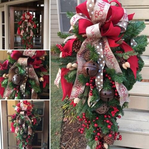 60CM Christmas Ornament Swag Wreath Ribbon Pine Cone Door Decor Christmas Red Fruit Simulation Flower Hanging Wall Decoration