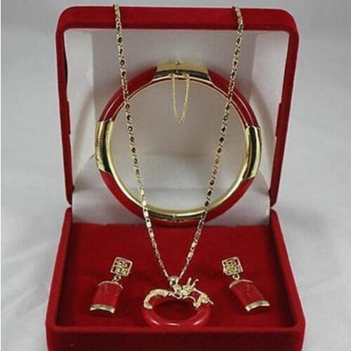 Free Shipping Jewelry Red Circle dragon Pendant Necklace Earring Bracelet set