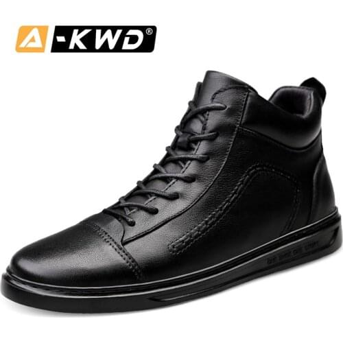 Black Sneakers Mens Glossy Bambas Hombre Scrub Autumn Single Mans Shoes Lace-up Men Leather Shoes With Fur Wear Resistent Gym Shoes Men Plus Size Shoes 38-45 Leather Genuine Shoes-Men High Tops