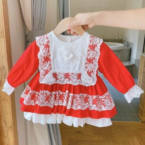 High Quality Lace Baby Girl Dress Red Color Princess Costume Infant Christmas Clothes Long Sleeve Baby Girl Fall Dresses