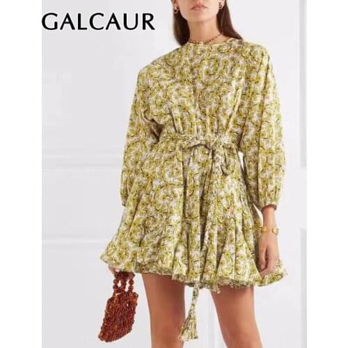 GALCAUR Print Hit Color Dress Women O Neck Lantern Long Sleeve High Waist Lace Up Bowknot Mini Dresses Female Summer Fashion
