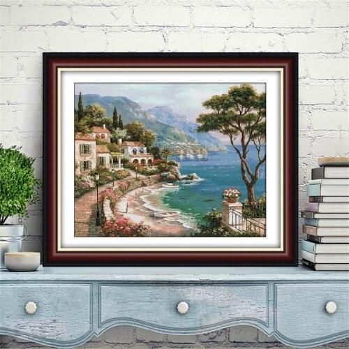 HUACAN Seaside Town Counted Cross Stitch Kits 14ct 11ct White Canvas Cross Stitch City Set DIY Embroidery Needlework Gift