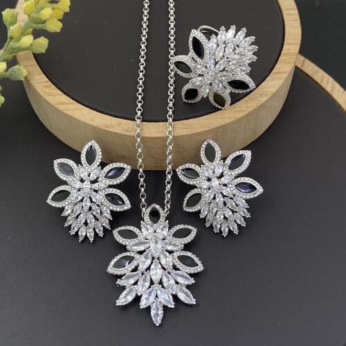 Lanyika Fashion Jewelry Set Gorgeous Hyacinth Drip Oil Zirconia Inlay Necklace with Earrings and Ring for Women Party Best Gift