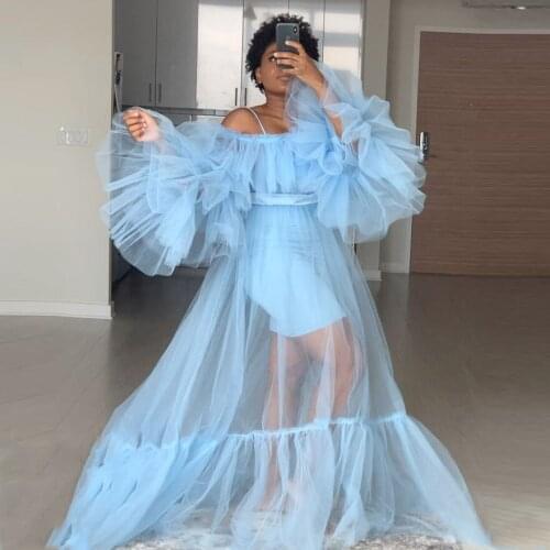 Fashion See Through Tulle Dress Robes Baby Blue Sheer Mesh Long Summer Dress for Photography Maternity Dresses Photo shoots